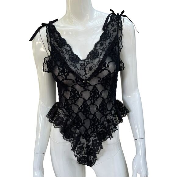 Vintage 80’s 90’s Black Lace Teddy One Piece Bodysuit Lingerie Small Hi-Cut - Picture 1 of 10